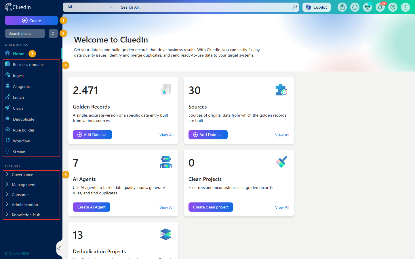 The new side menu with numbered callouts: 1 the Create button, 2 the menu search bar, 3 Home, 4 frequently used modules, 5 collapsible groups of other modules
