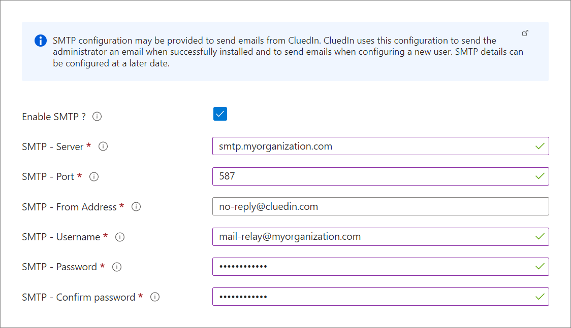 SMTP details with Enable SMTP selected and fields for SMTP Server, Port 587, From Address, Username, Password, and Confirm password