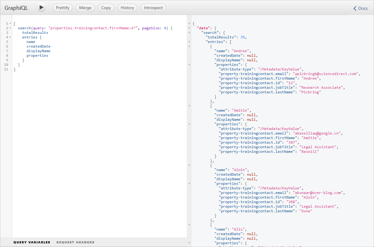 GraphiQL with a search query using pageSize 4 and requesting name, createdDate, displayName and properties, with all properties of each entry in the result