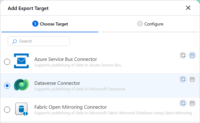 Choose Target tab of the Add Export Target pane with Dataverse Connector selected