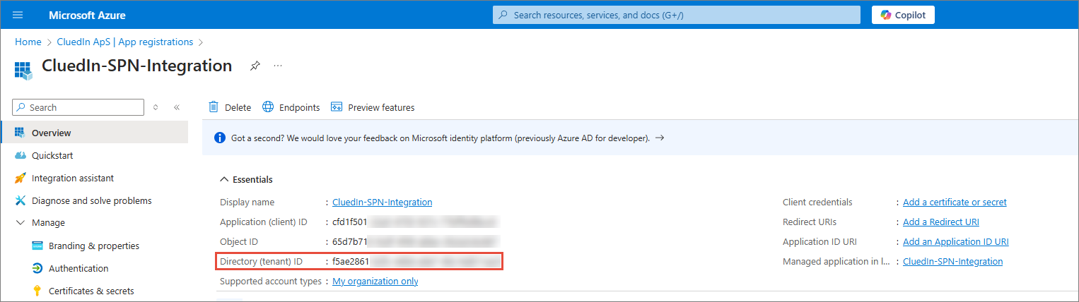 App registration Overview page in the Azure portal with the Directory (tenant) ID value highlighted