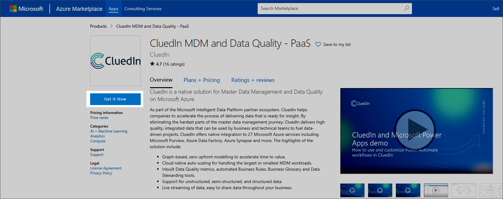 Azure Marketplace page for CluedIn MDM and Data Quality - PaaS with the Get It Now button highlighted