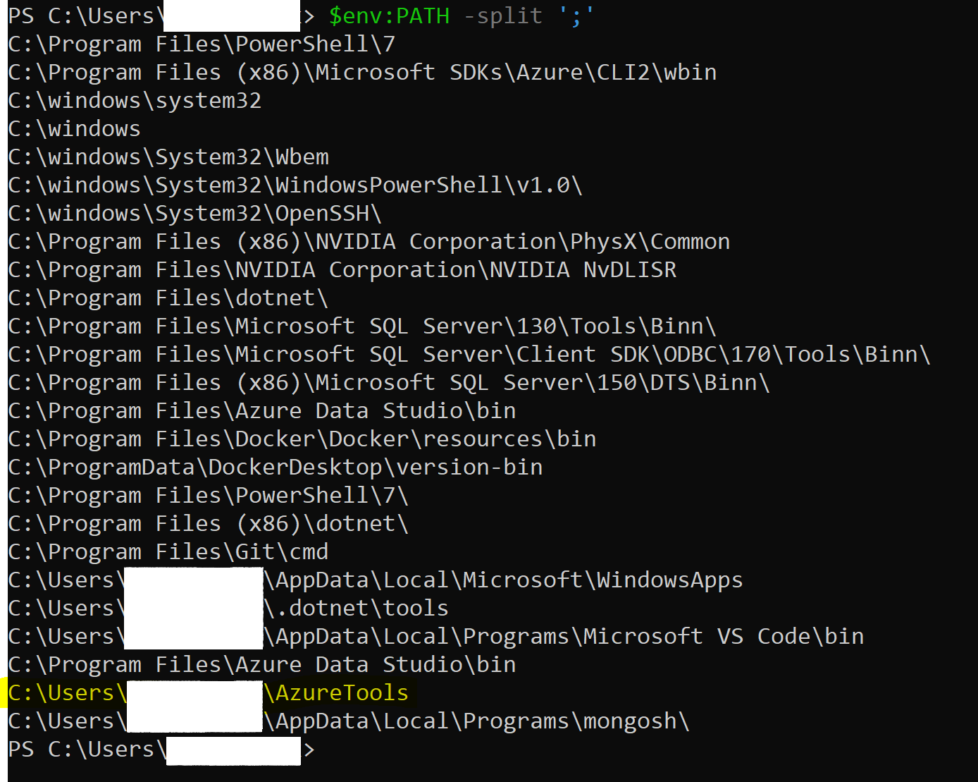 Output of $env:PATH -split ';' with the AzureTools folder highlighted among the PATH entries