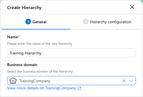 The General step of the Create Hierarchy dialog with the name Training Hierarchy and the TrainingCompany business domain selected