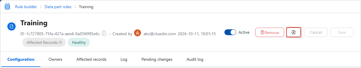 Rule details page header with the reprocess icon highlighted next to Remove