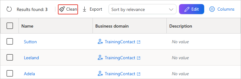 Search results toolbar with the Clean button highlighted, above the three tagged records