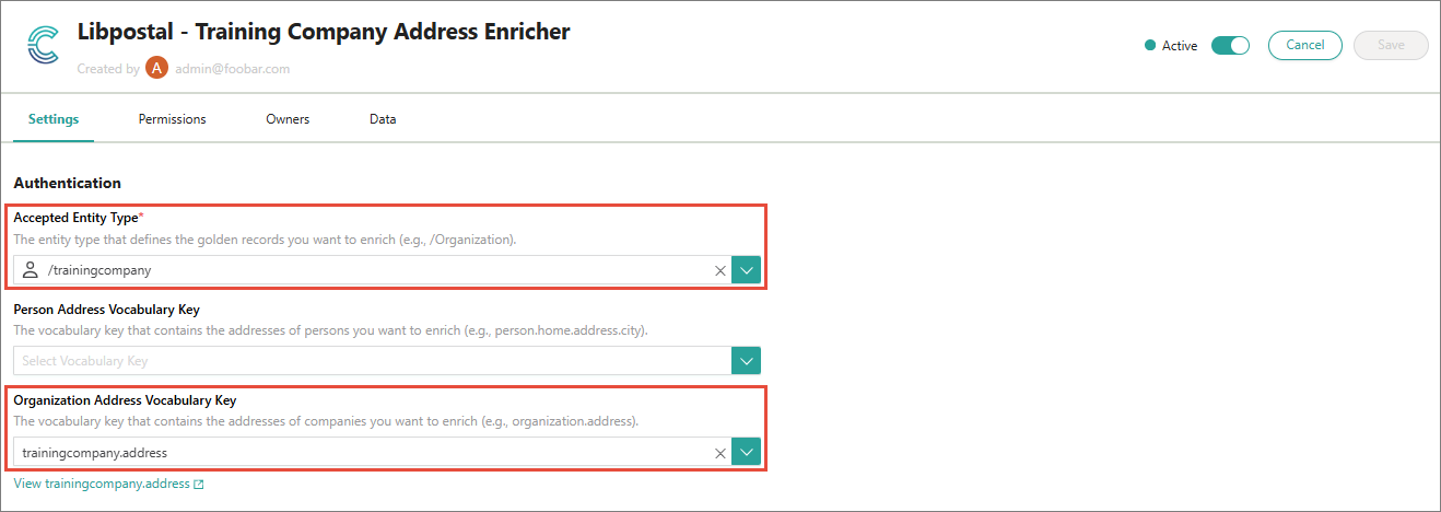 Libpostal enricher Settings tab with Accepted Entity Type set to /trainingcompany and Organization Address Vocabulary Key set to trainingcompany.address