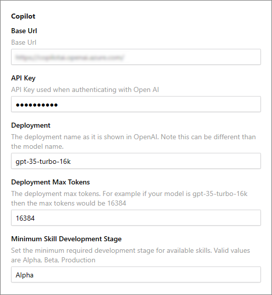 Copilot settings with the Base Url, API Key, Deployment, Deployment Max Tokens (16384) and Minimum Skill Development Stage (Alpha) fields