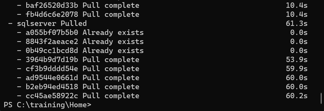 Terminal output at the end of the image pull, with layers marked Pull complete and sqlserver Pulled