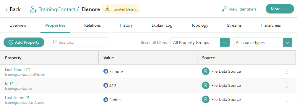 The Properties page of a golden record marked Limited Details, with a lock icon next to each view-only value
