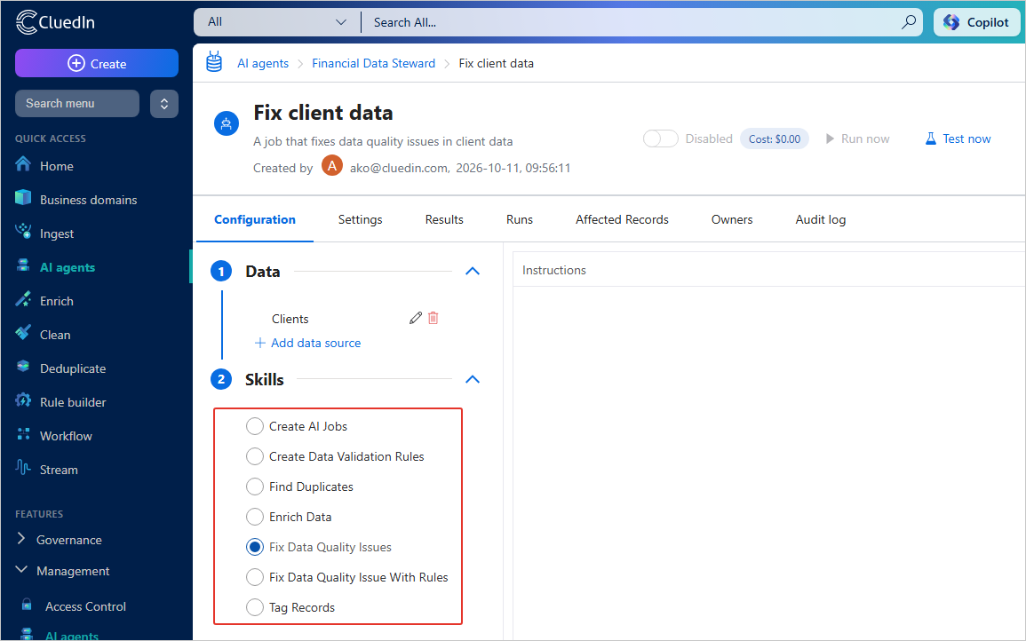 The Skills section of the job Configuration tab with Fix Data Quality Issues selected among the available skills