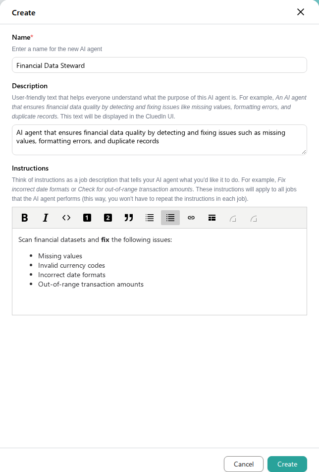 The Create pane for an AI agent, with Name, Description, and formatted Instructions listing the data issues to fix