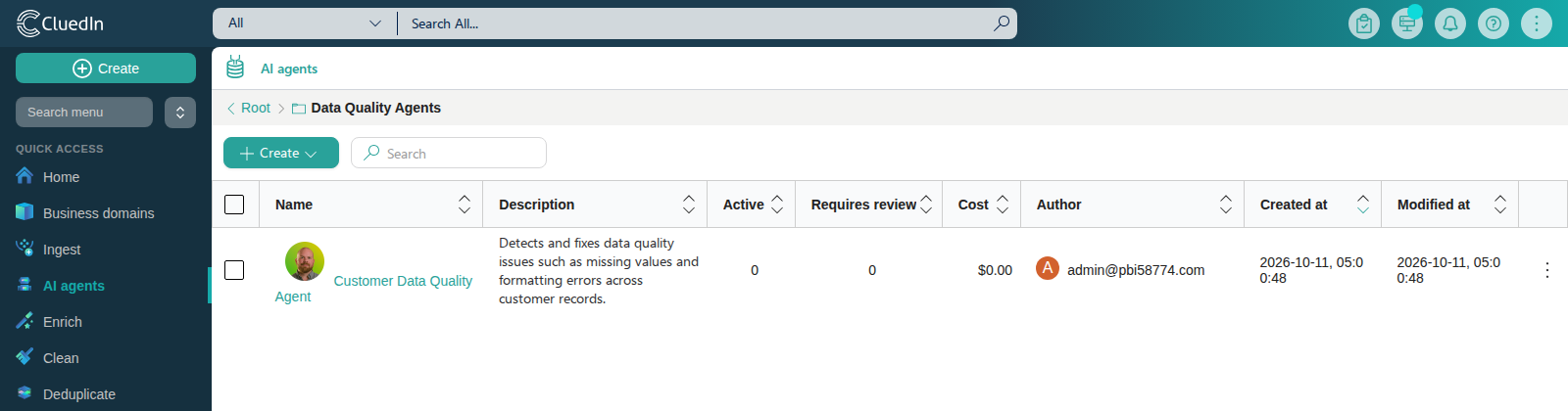 The contents of the Data Quality Agents folder, with the Root breadcrumb above the list of AI agents in it