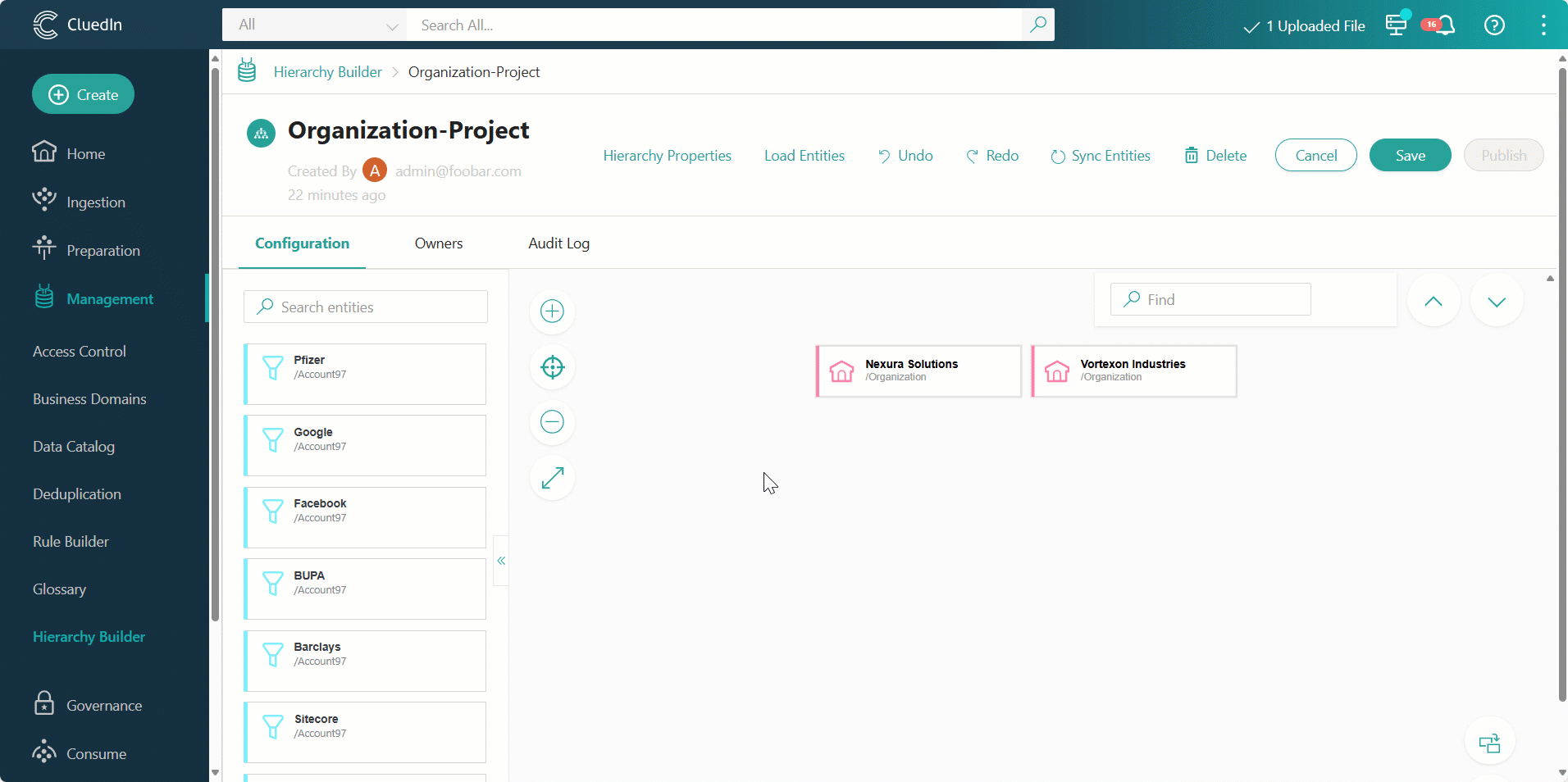 Animation: selecting Load Entities in a hierarchy project so the previewed golden records are added to the left pane, ready to drag onto the canvas