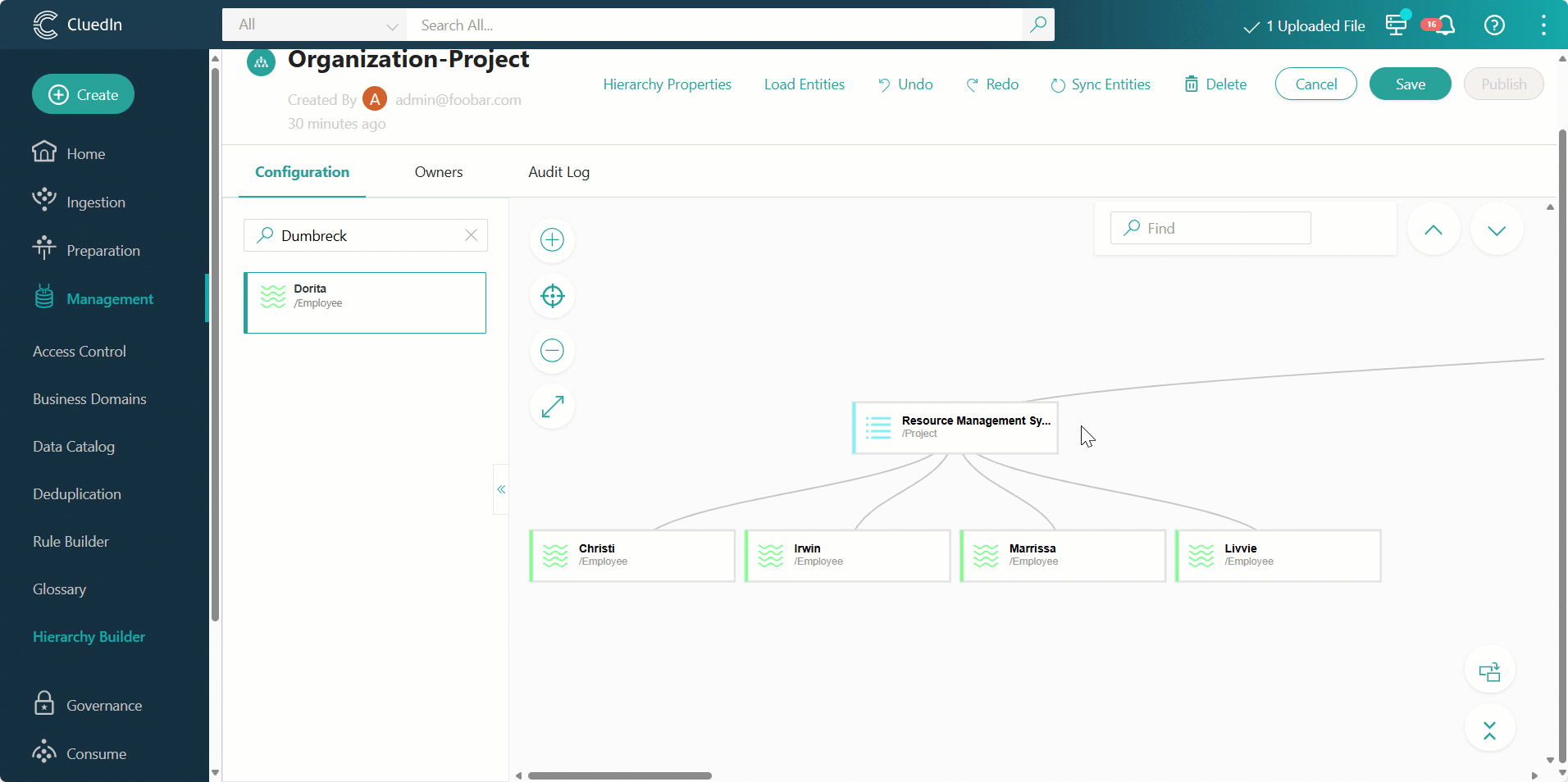 Animation: with Replace on drop turned on, searching the left pane for a node and dragging it onto an existing node on the hierarchy canvas to replace it