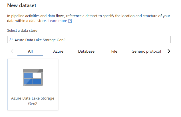 The New dataset pane searched for and showing Azure Data Lake Storage Gen2 selected