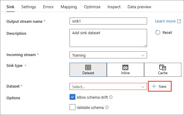 The Sink tab with incoming stream Training, sink type Dataset and the + New button next to Dataset highlighted