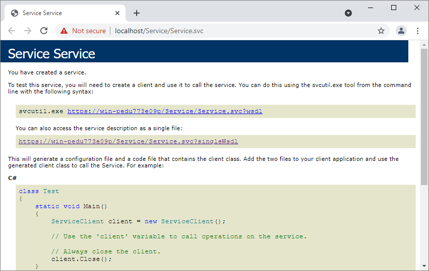 Browser showing the Service.svc page with the message You have created a service and svcutil.exe instructions