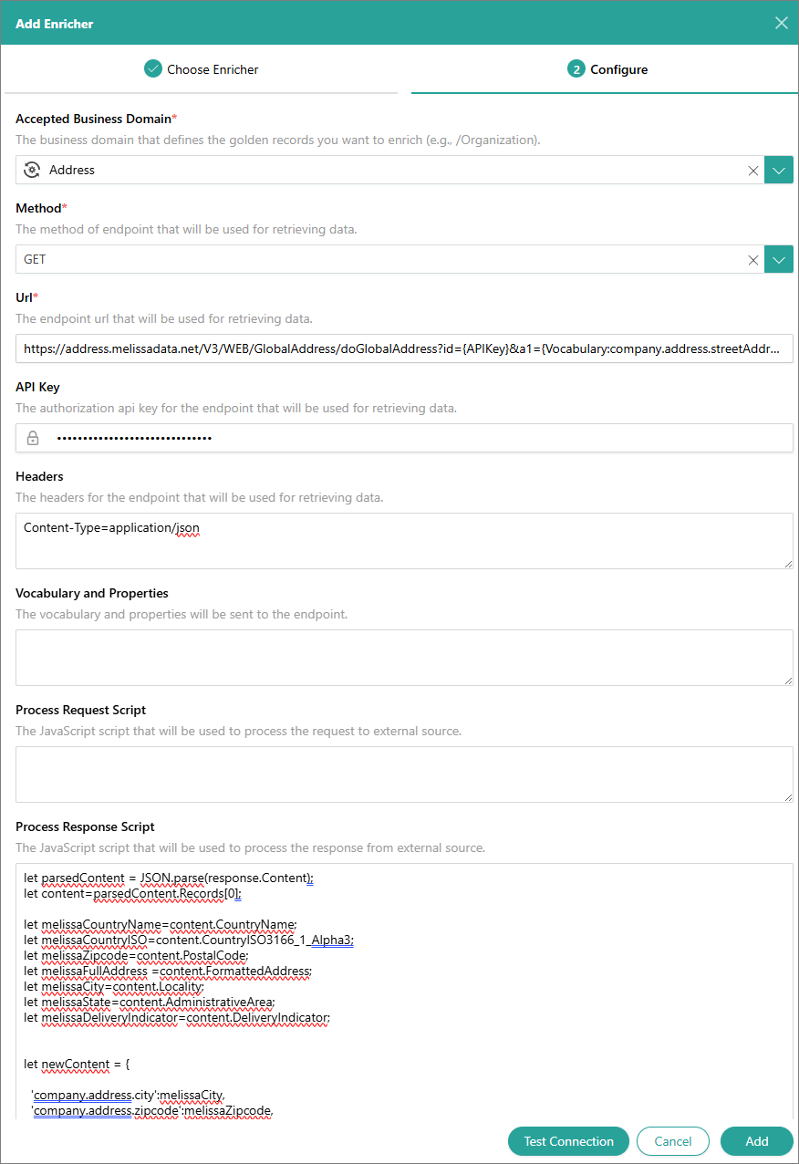REST API enricher Configure tab for Melissa: Accepted Business Domain Address, Method GET, the Melissa URL, API Key, Headers, and Process Response Script