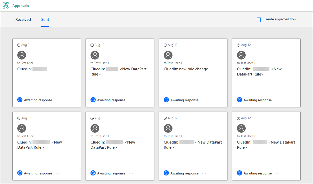 Approvals page on the Sent tab, showing request cards sent to Test User 1, each with the status Awaiting response